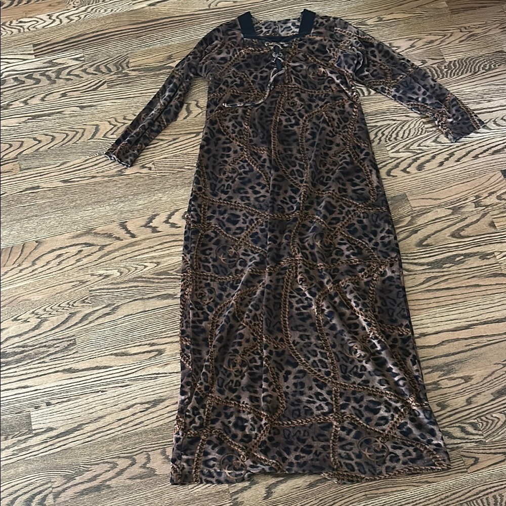GG chain & Leopard Print House Dress Brown Black Sz 6 velvety
